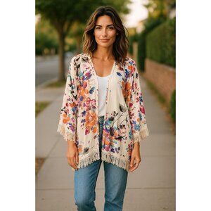 Umgee White Bold Vibrant Floral Fringe Open Front Boho Kimono Size L White Pink